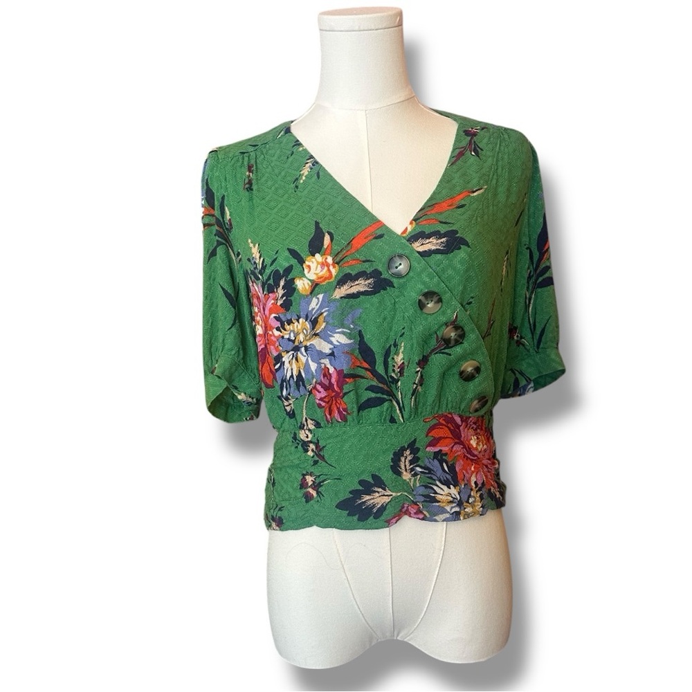 Anthropologie Green Floral V-Neck Puff Sleeve Top - Picture 5 of 13